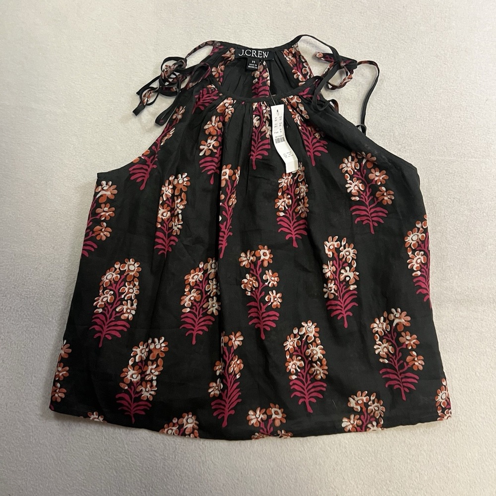 NWT J. Crew Tie-Shoulder Tank Top in Cocoa Block-Print Cotton Voile Size XS